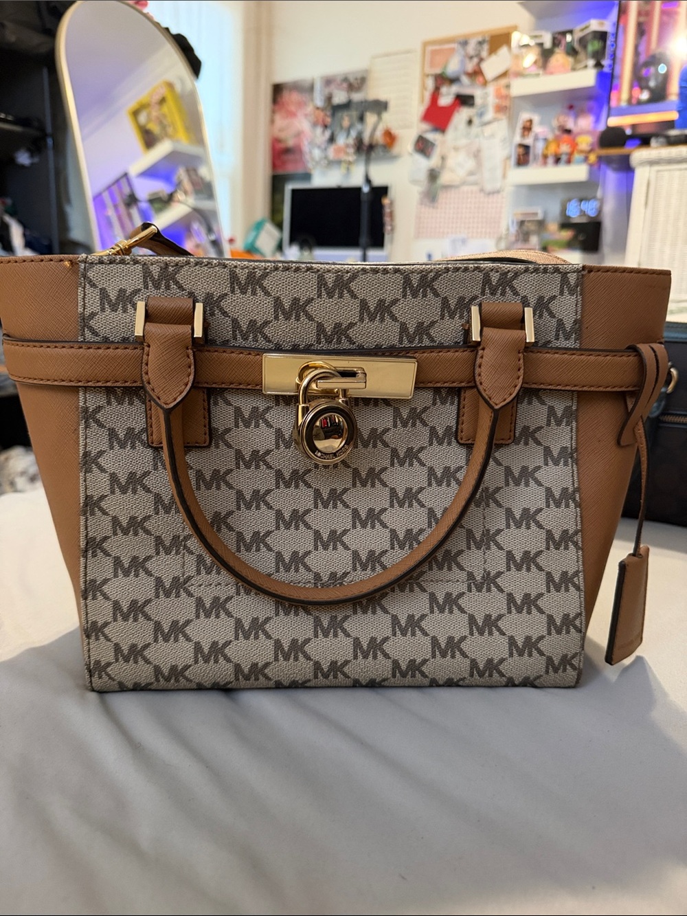 Michael Kors Tan/Beige Signature MK Tote with Gold Hardware
